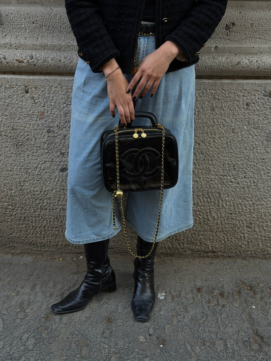 Chanel Vintage Black Vanity Black Patent Leather Bag
