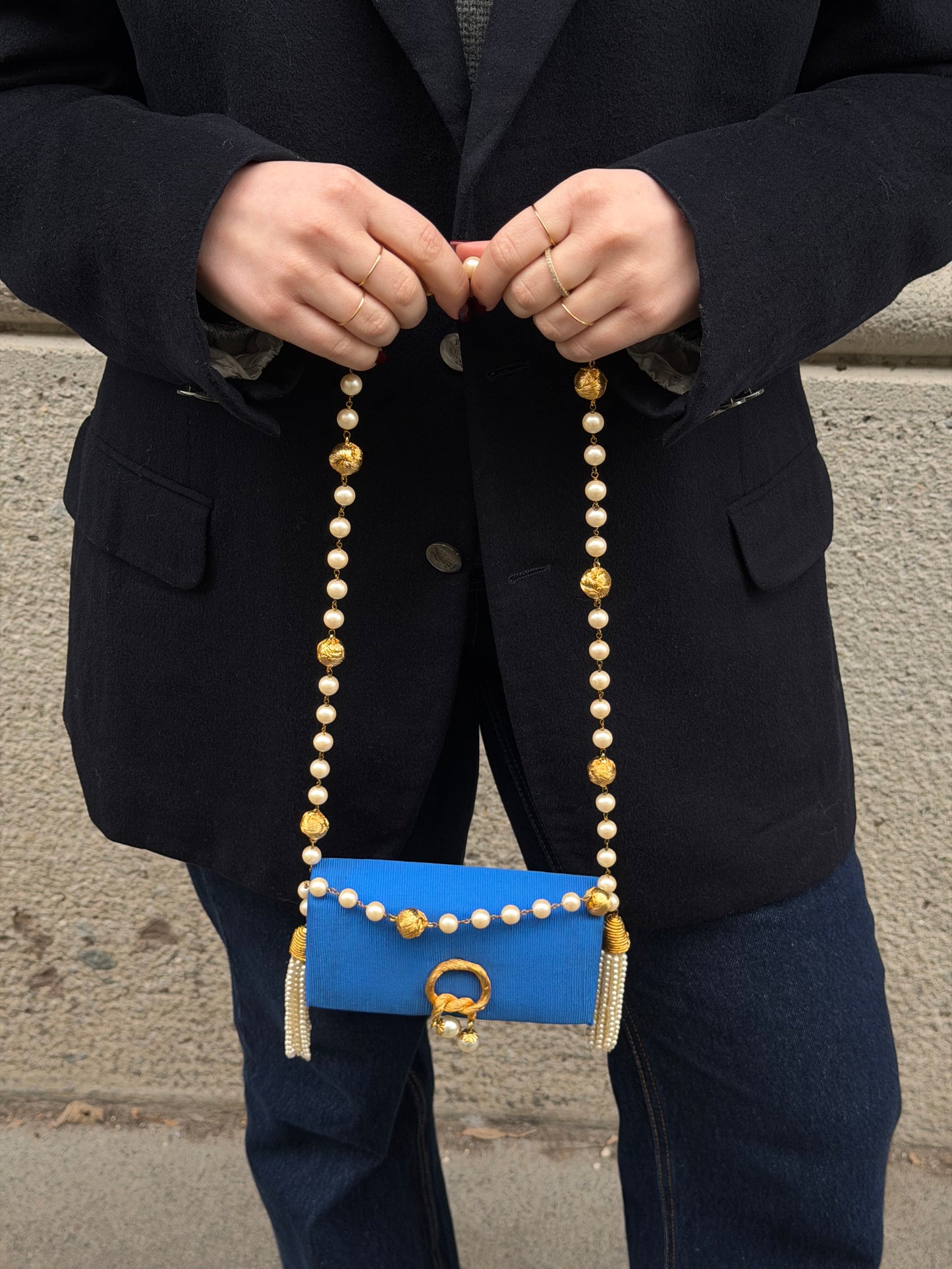 Fendissime Vintage Electric Blue and Gold Pearl Chain Bag