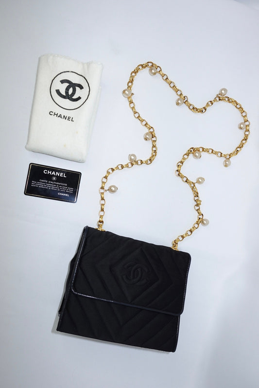 Chanel Vintage Satin Pearl Chain Embroidered CC Logo Bag