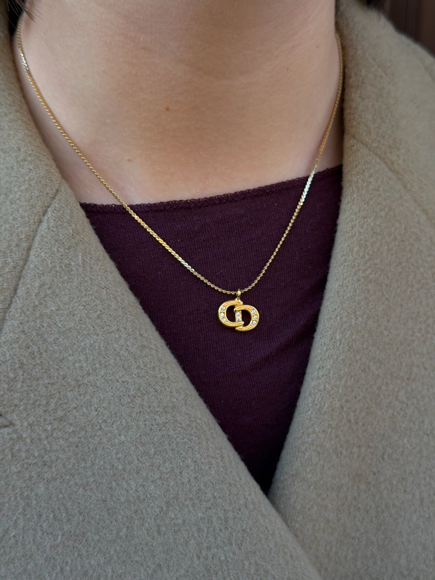 Christian Dior Gold Toned Vintage Necklace Crystals CD Logo