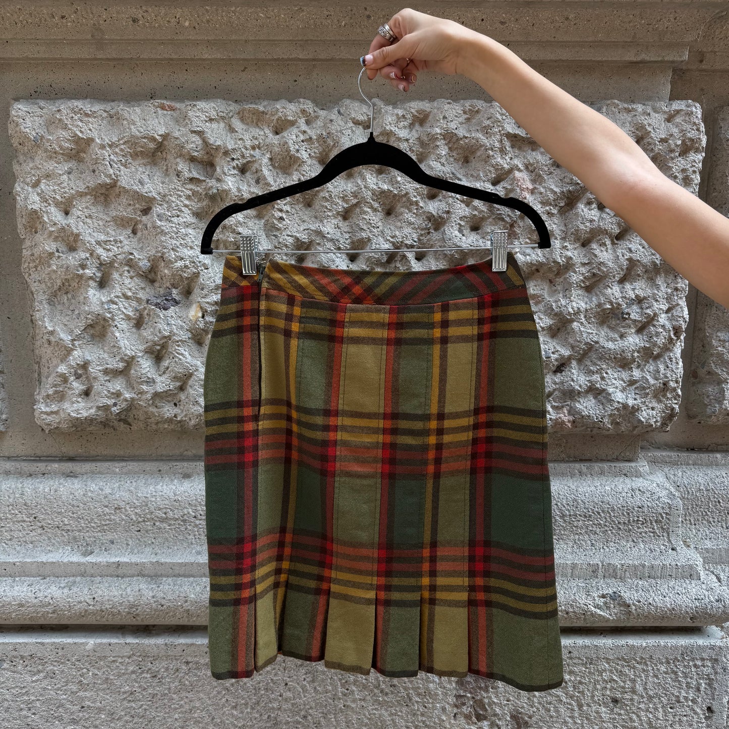 Celine Orange and Green Tartan Wool Skirt w/ Gold Detailing
