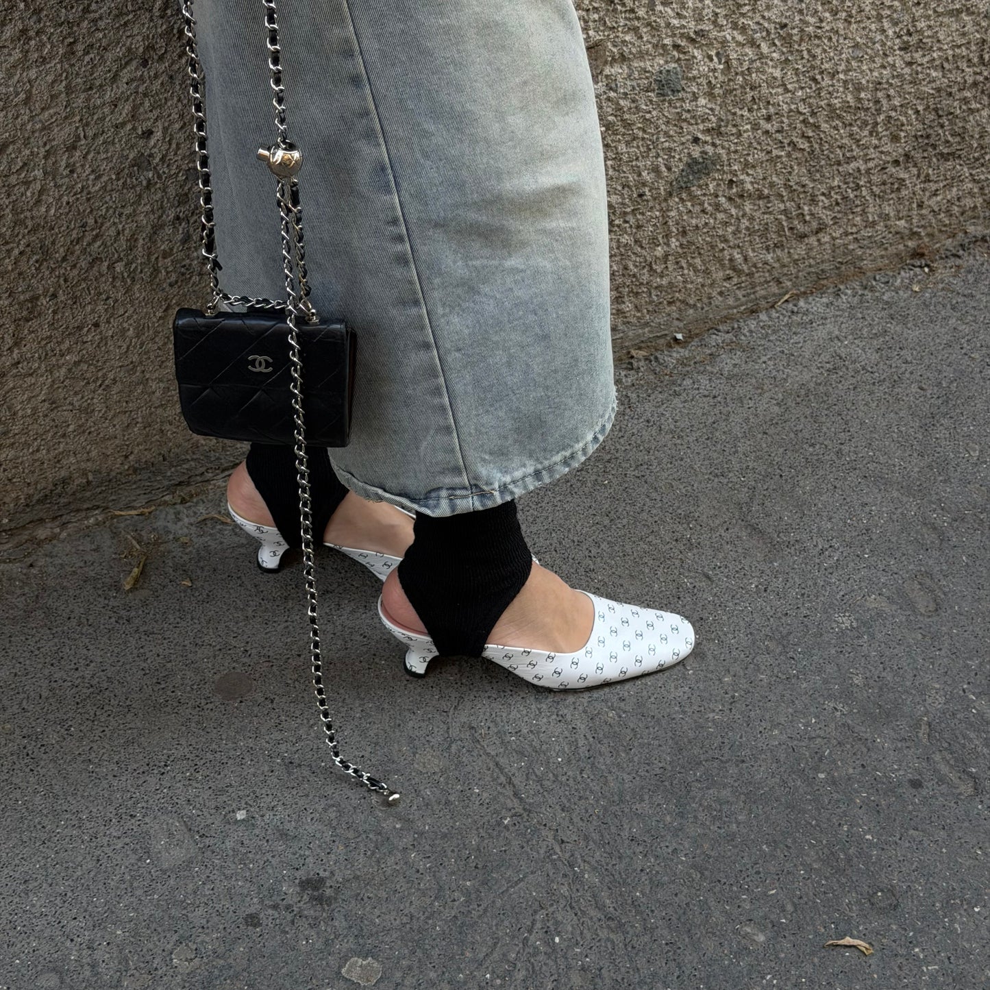 Chanel White Mule Heels With Mini Logos 38