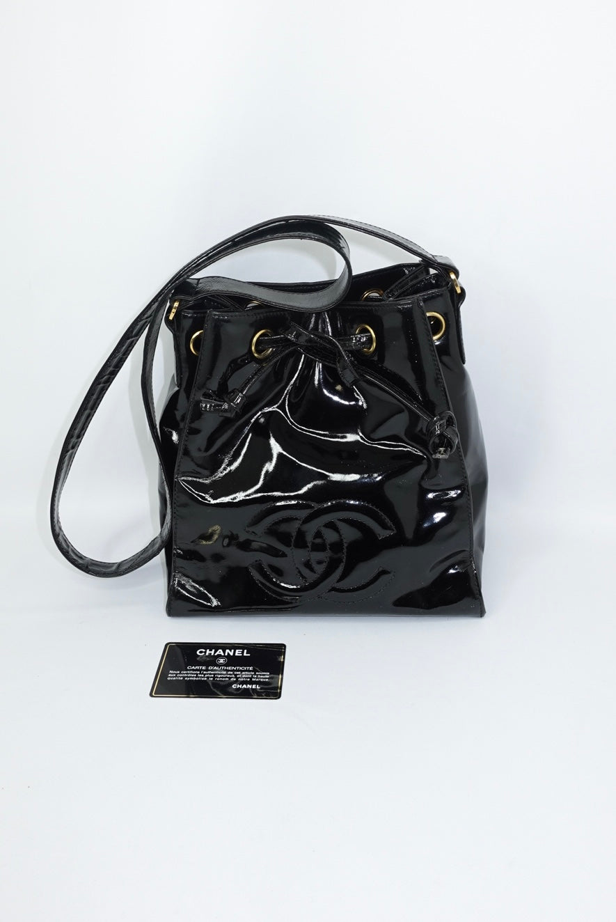 Chanel Vintage Black Patent Bucket Shoulder Bag