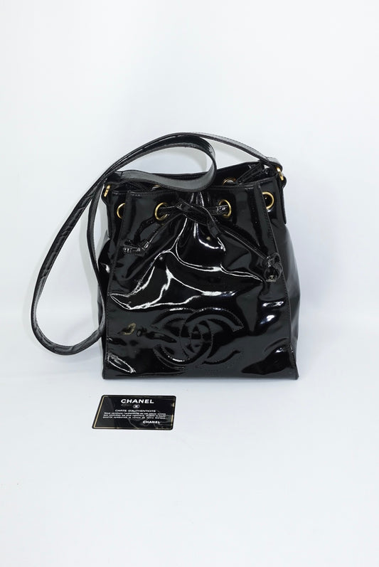 Chanel Vintage Black Patent Bucket Shoulder Bag