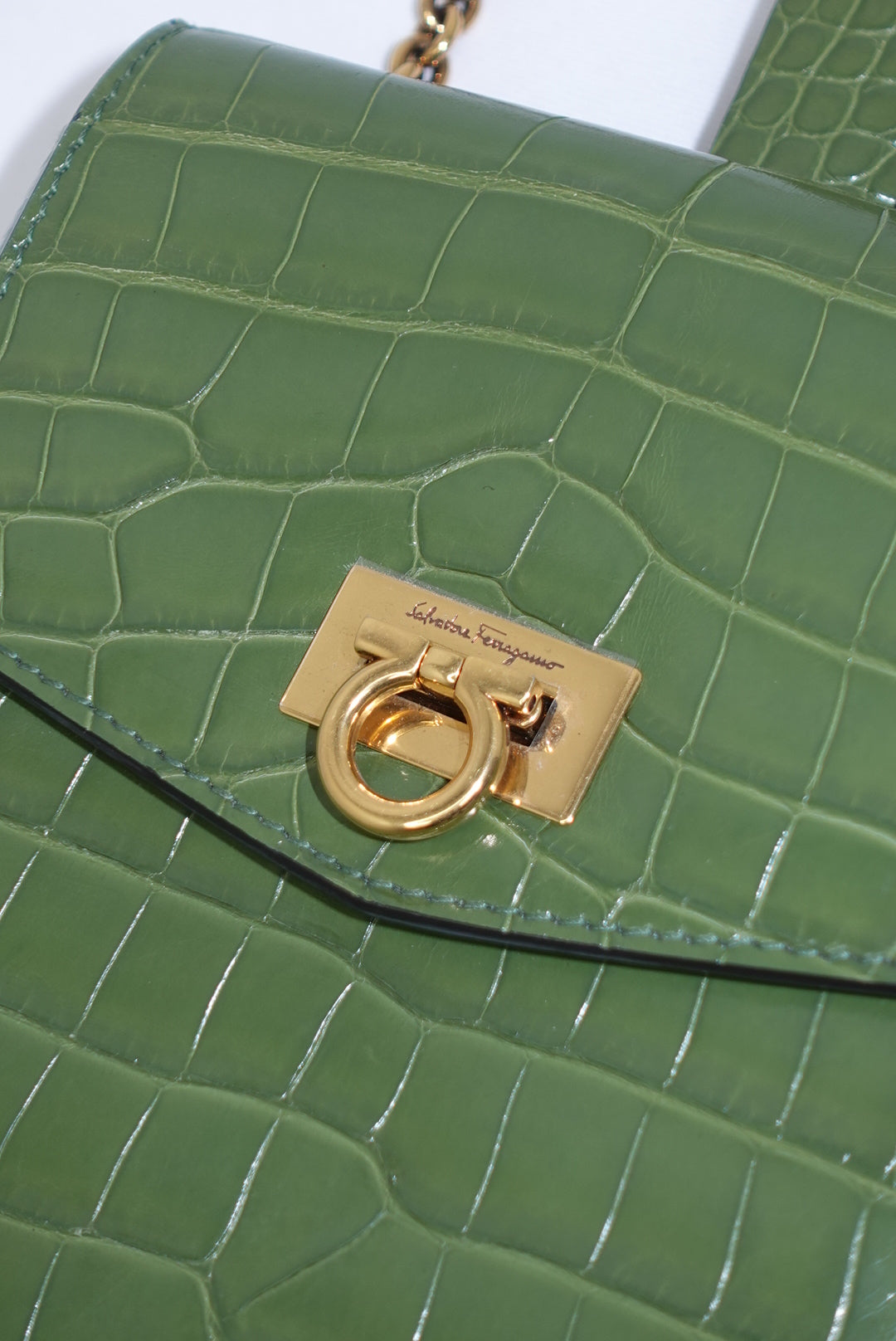Ferragamo Croc Print Gancini Green Handbag W/ Chain
