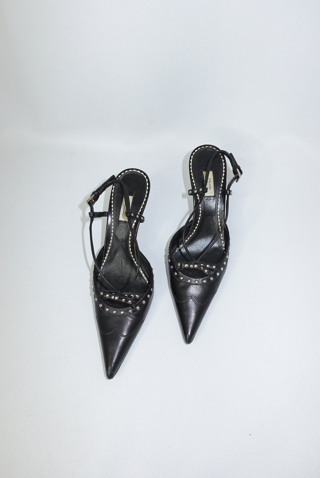202. Prada Studded Black  Pointed Toe Heels 36