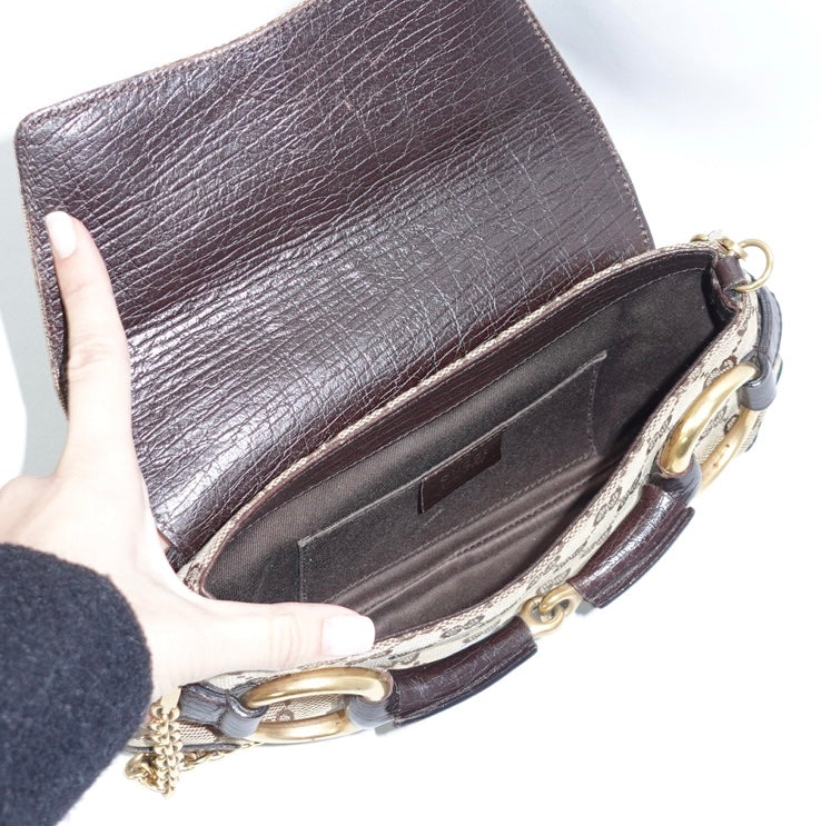 Gucci Horsebit Chain Monogram Canvas Shoulder Bag