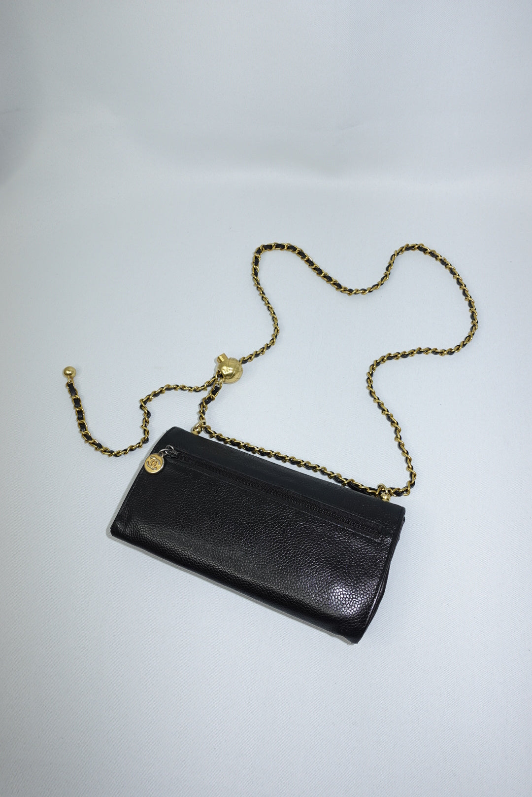 Chanel Re-Worked Vintage Long Flap Wallet With Chain Black Caviar CC logo