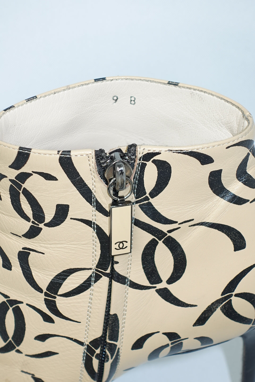 Chanel Vintage CC Logo Print Beige and Black Heeled Pointed Toe Ankle Boots