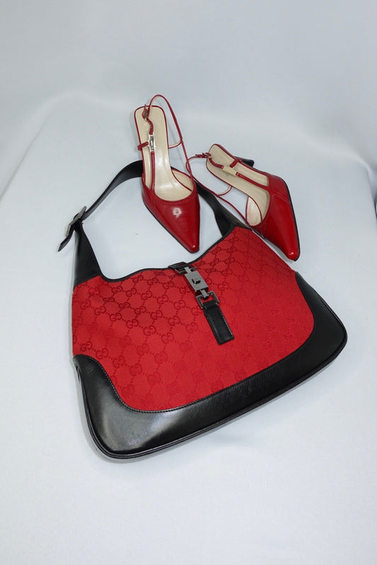 Gucci Vintage Jackie Black & Red Canvas Shoulder Bag