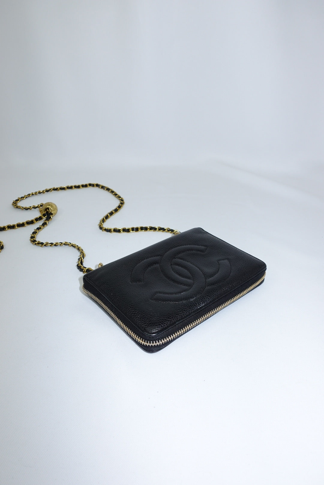 Re-Worked Chanel Black Zip CC Logo Small Vintage Wallet with Chain