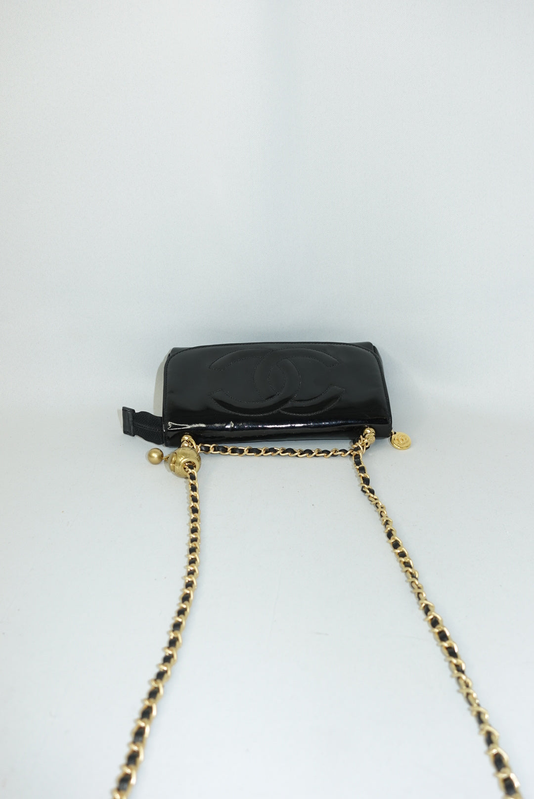 Chanel Re-Worked CC Flap Vintage Black Patent Leather Wallet w/ Chain