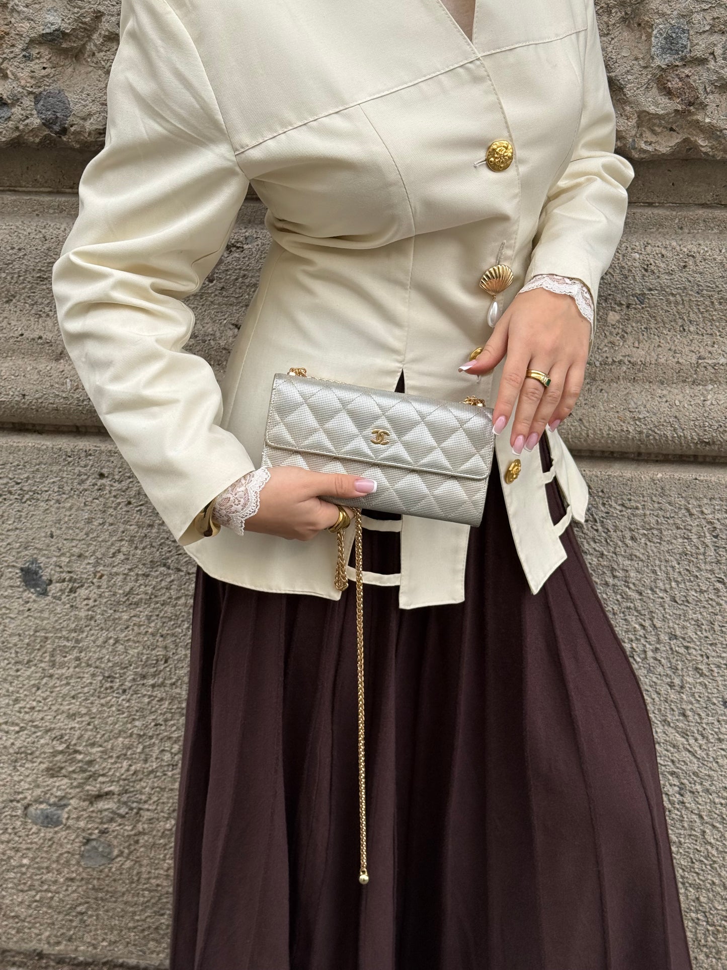 Chanel Re-Worked Timeless Flap Silver and Gold Vintage Wallet w/Chain