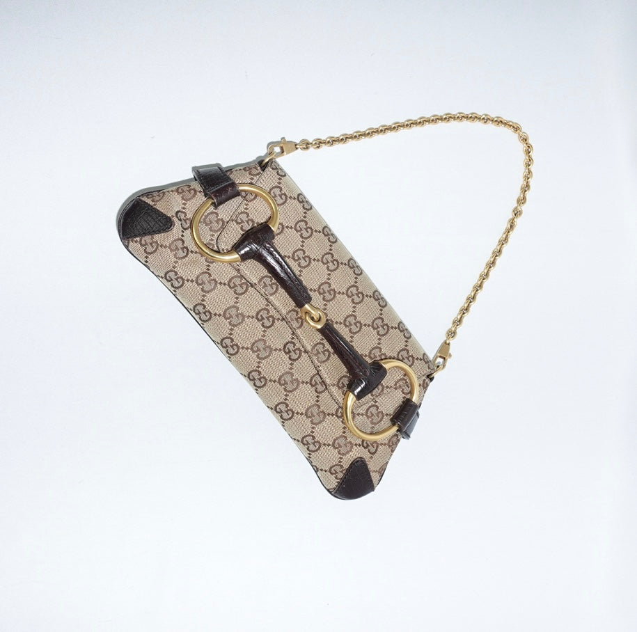 Gucci Horsebit Chain Monogram Canvas Shoulder Bag