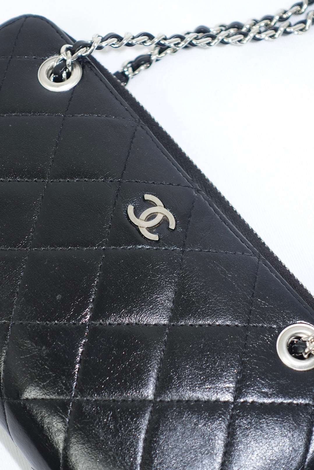 Re-Worked Chanel Timeless Zip Black Vintage Wallet with Chain