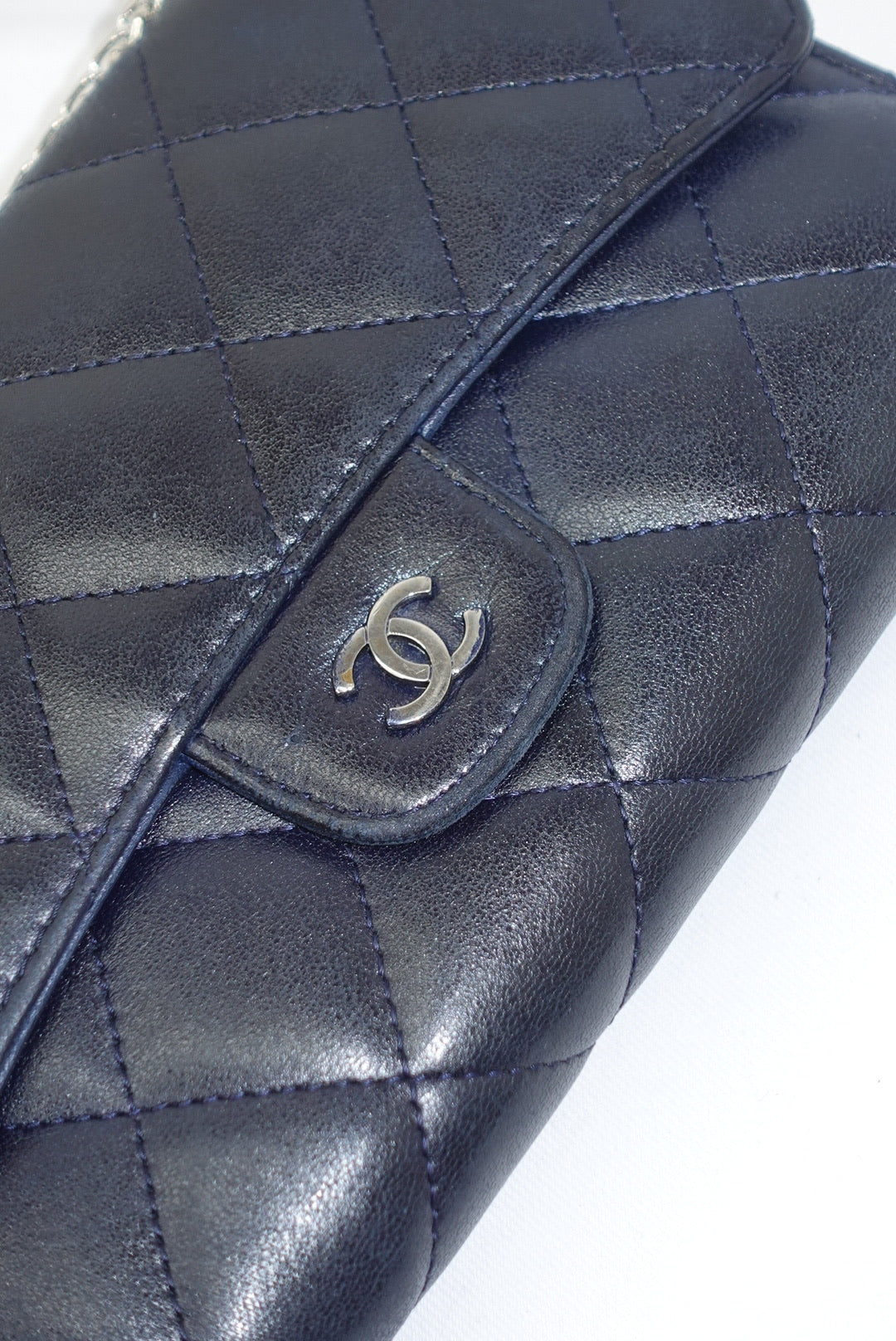 Re-Worked Chanel Timeless Trifold Vintage Navy Wallet with Chain