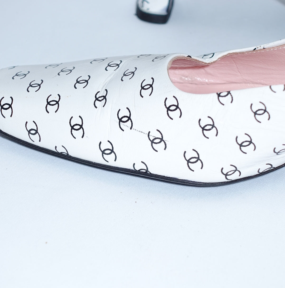 Chanel White Mule Heels With Mini Logos 38