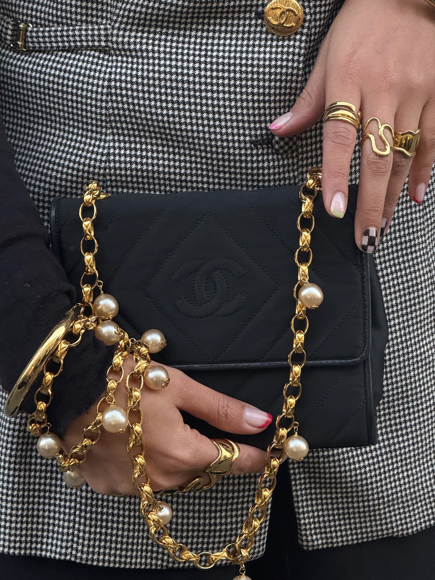 Chanel Vintage Satin Pearl Chain Embroidered CC Logo Bag