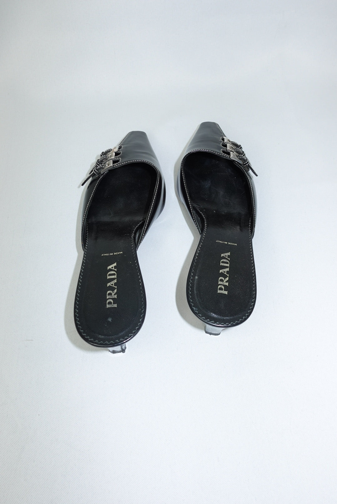 Prada Black Leather Kitten Heel Mules 38.5