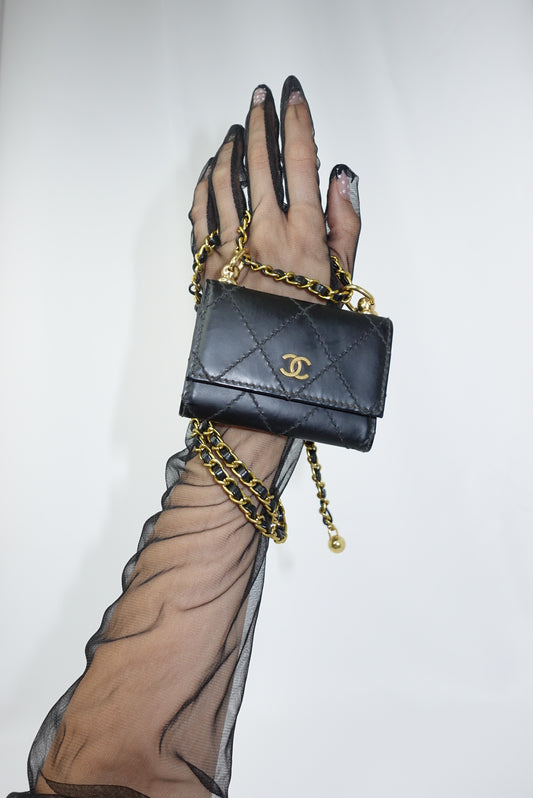 122. Re-Worked Chanel Timeless Mini Keychain Quilted Black Leather W.O.C.