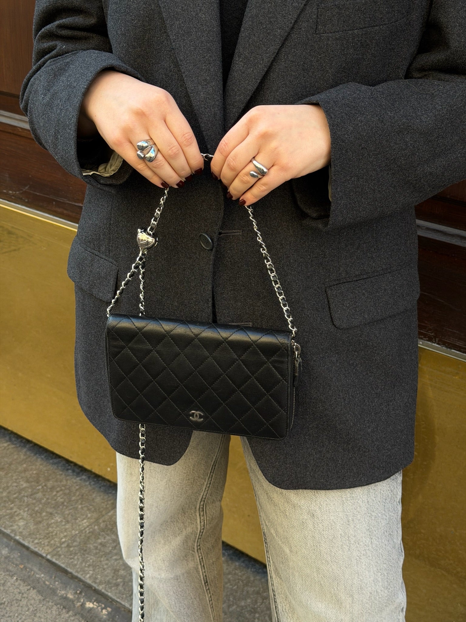 reworked chanel black big zip wallet with chain