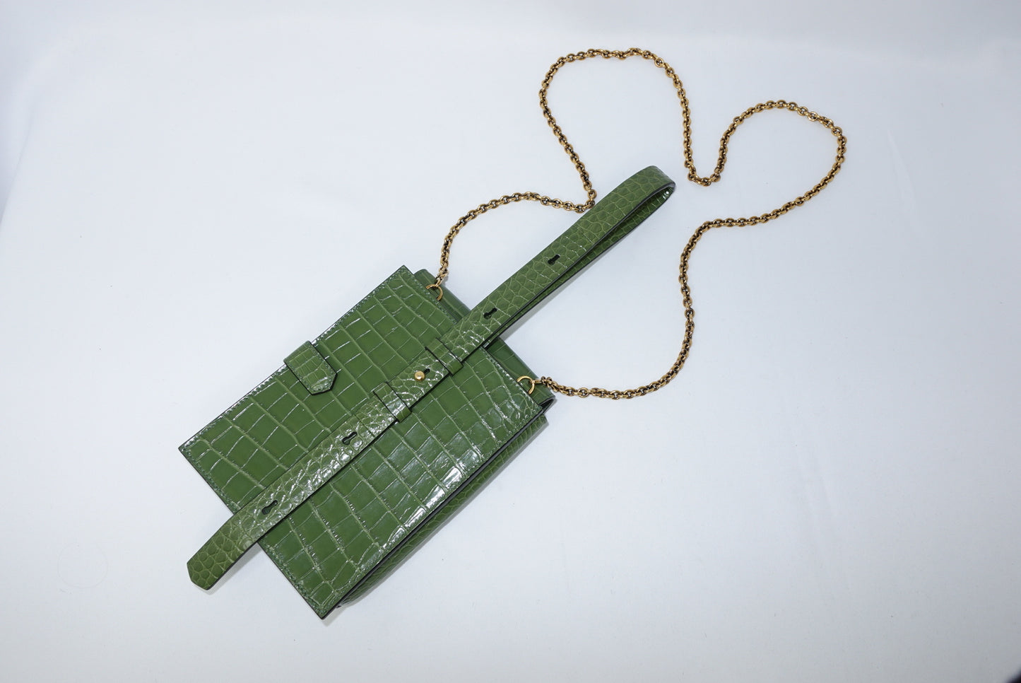 Ferragamo Croc Print Gancini Green Handbag W/ Chain