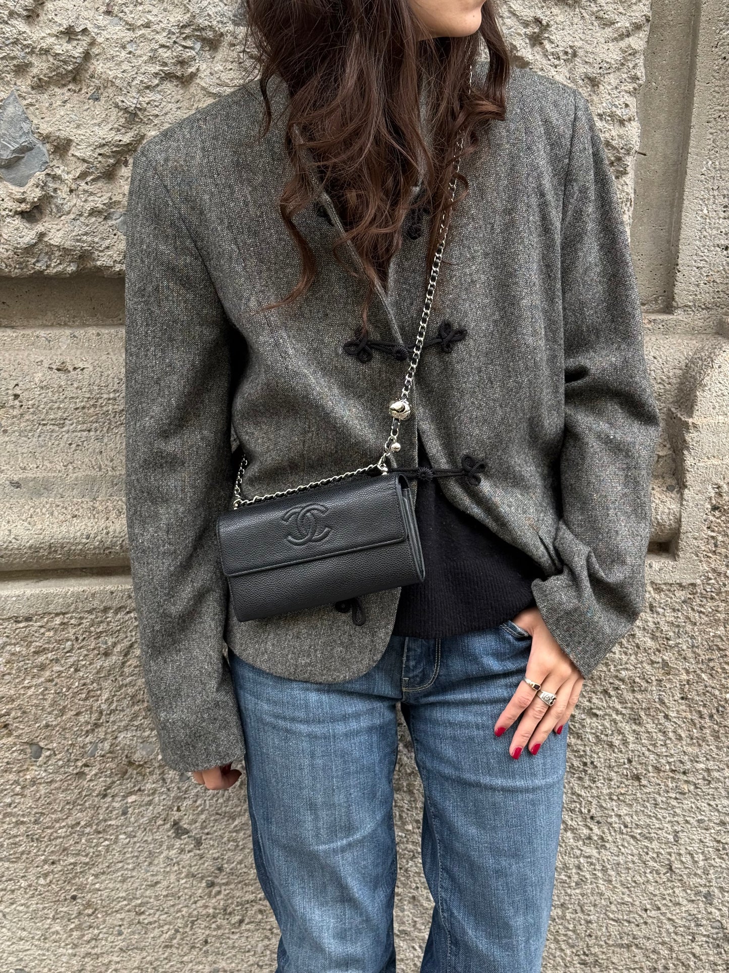 Chanel Re-Worked Flap Long Wallet With Chain Black Embossed CC logo