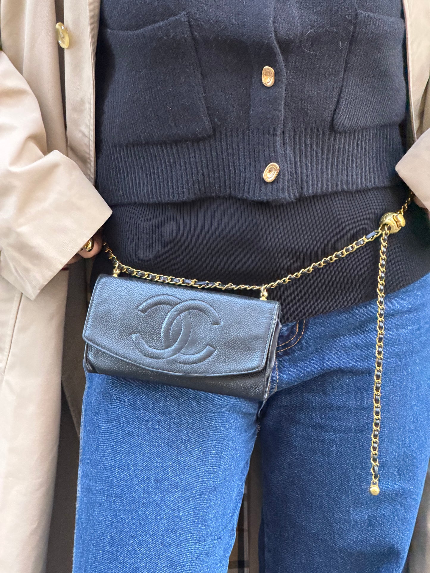 Chanel Re-Worked Vintage Long Flap Wallet With Chain Black Caviar CC logo