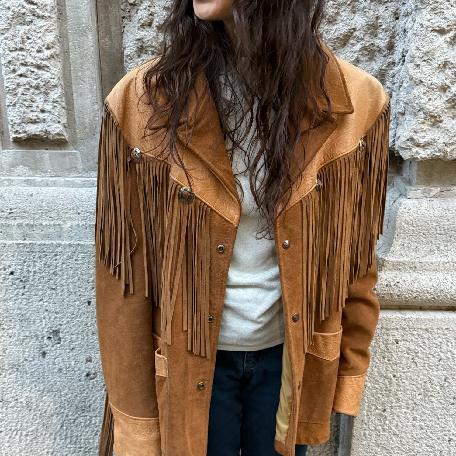 Giacca western con frange in pelle scamosciata vintage beige