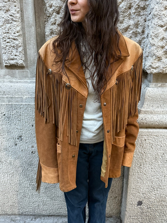 Beige Vintage Suede Fringe Western Jacket