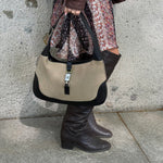 Gucci Vintage Jackie Black Leather & Beige Canvas Shoulder Bag