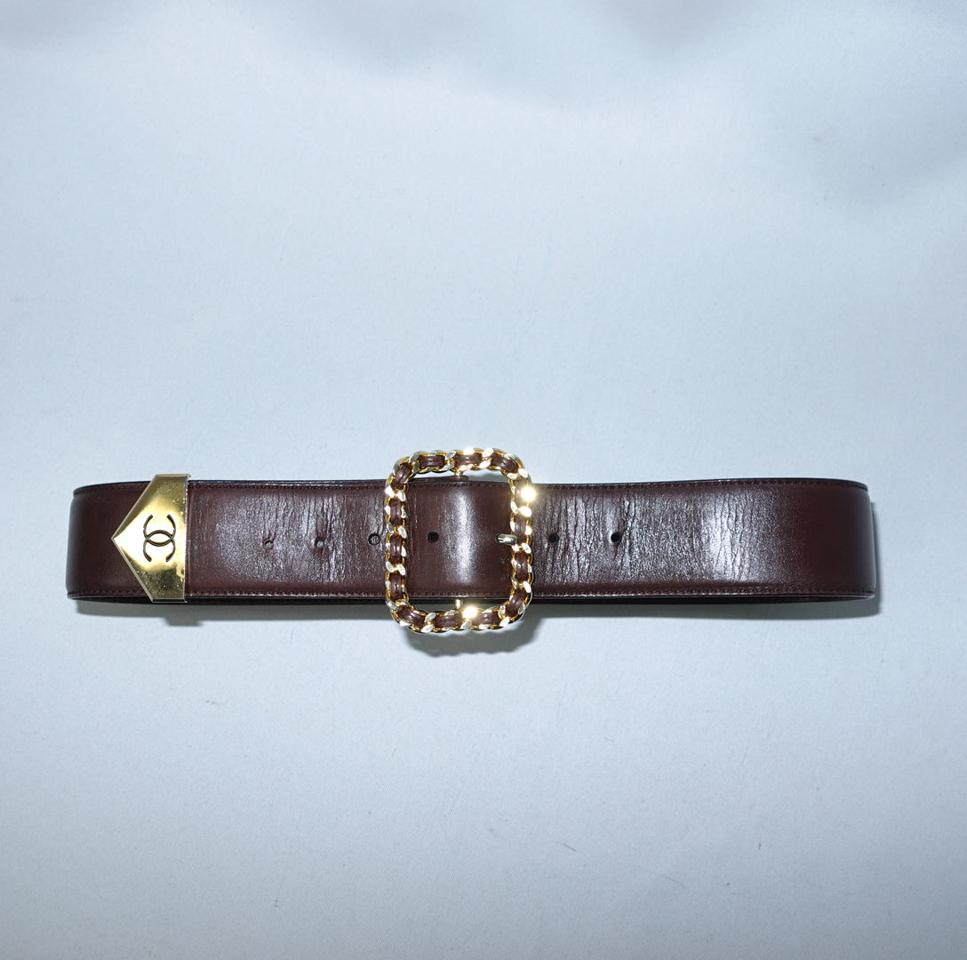 Chanel 1980s Brown Leather Belt with Gold CC Hardware