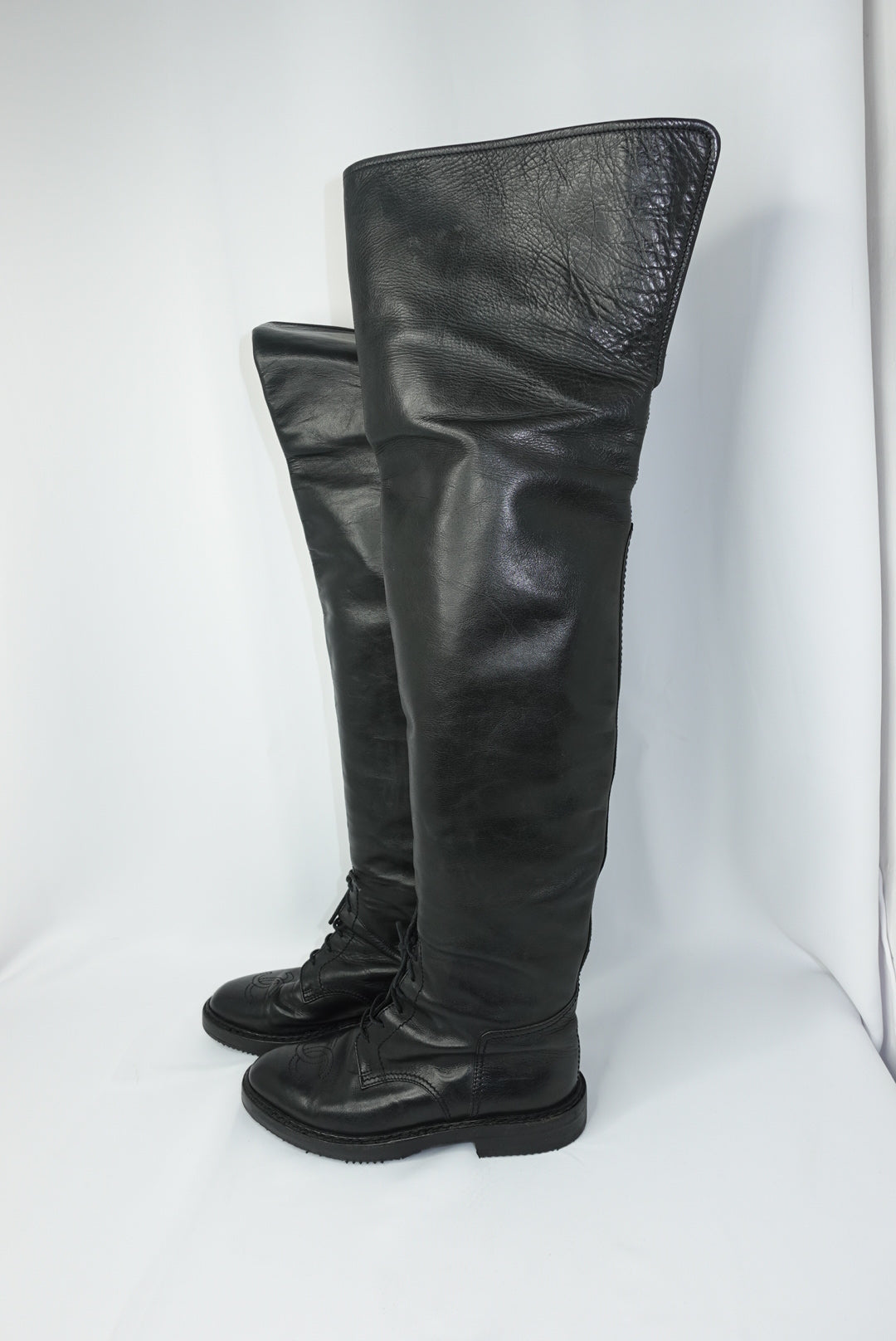 Chanel Vintage Black Leather Thigh-High Boots with Embroidered CC Interlocking Logo