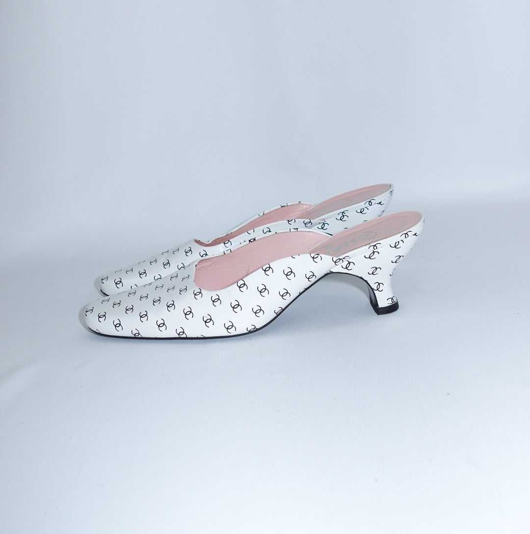 Chanel White Mule Heels With Mini Logos 38