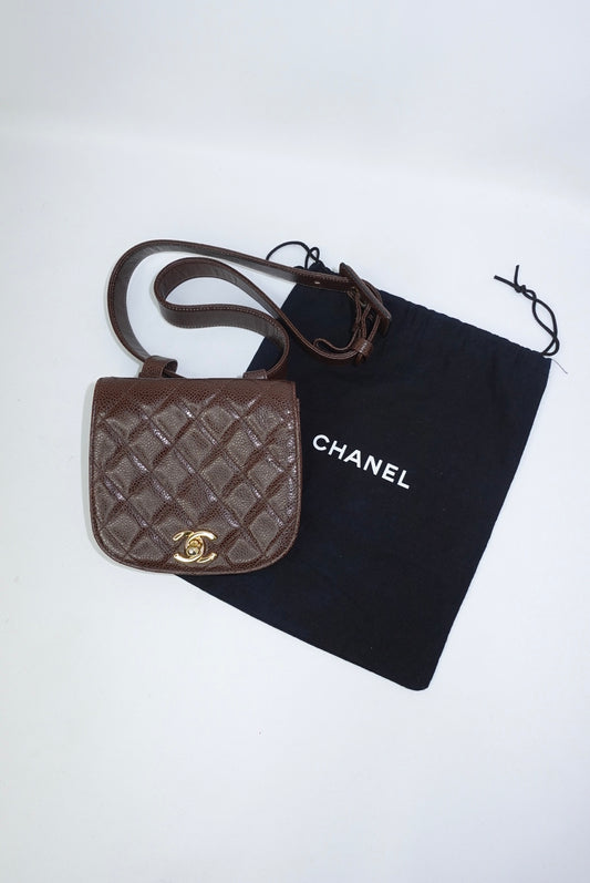 Chanel Vintage Chocolate Brown Quilted Caviar Leather Belt Bag