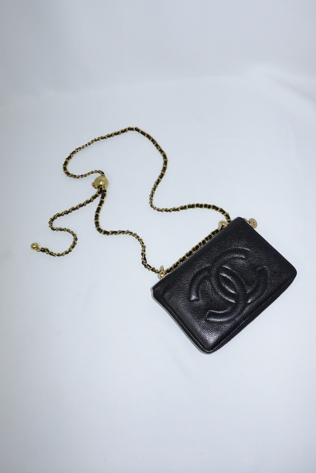 Re-Worked Chanel Black Zip CC Logo Small Vintage Wallet with Chain