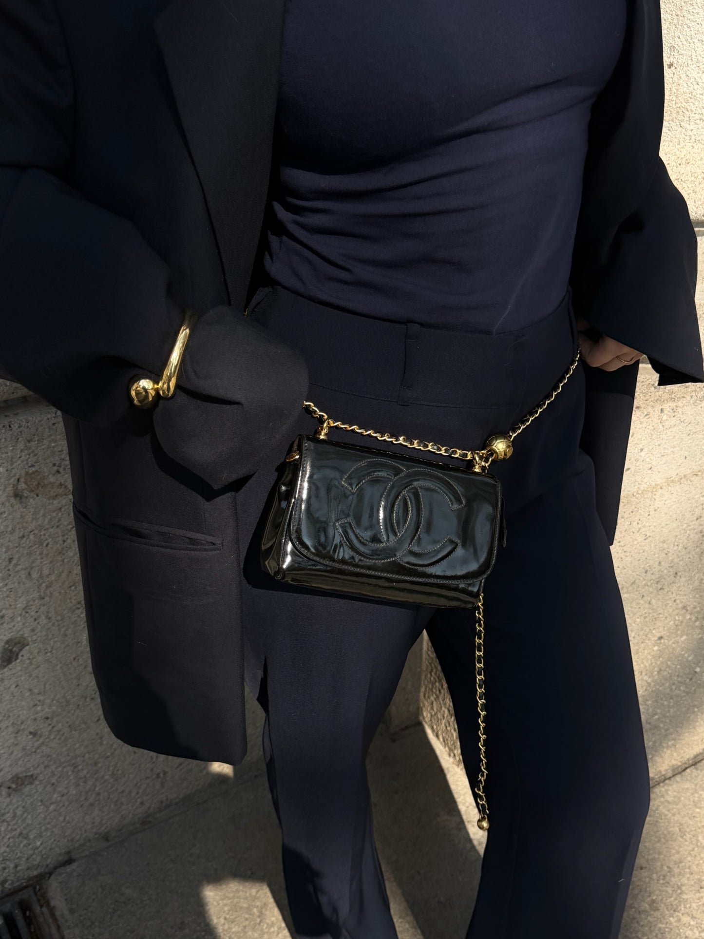 Chanel Re-Worked CC Flap Vintage Black Patent Leather Wallet w/ Chain