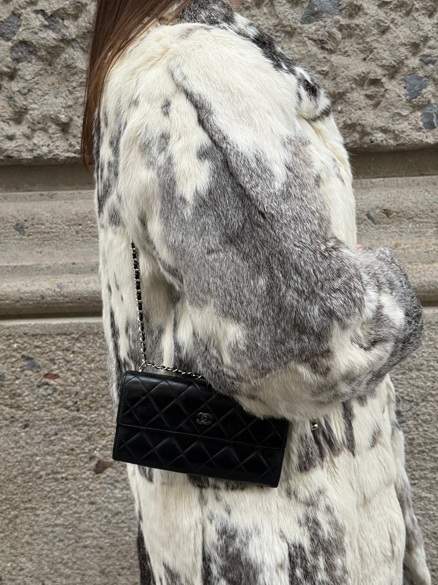 Chanel Vintage Re-worked Black Quilted Flap Wallet with Chain Lambskin