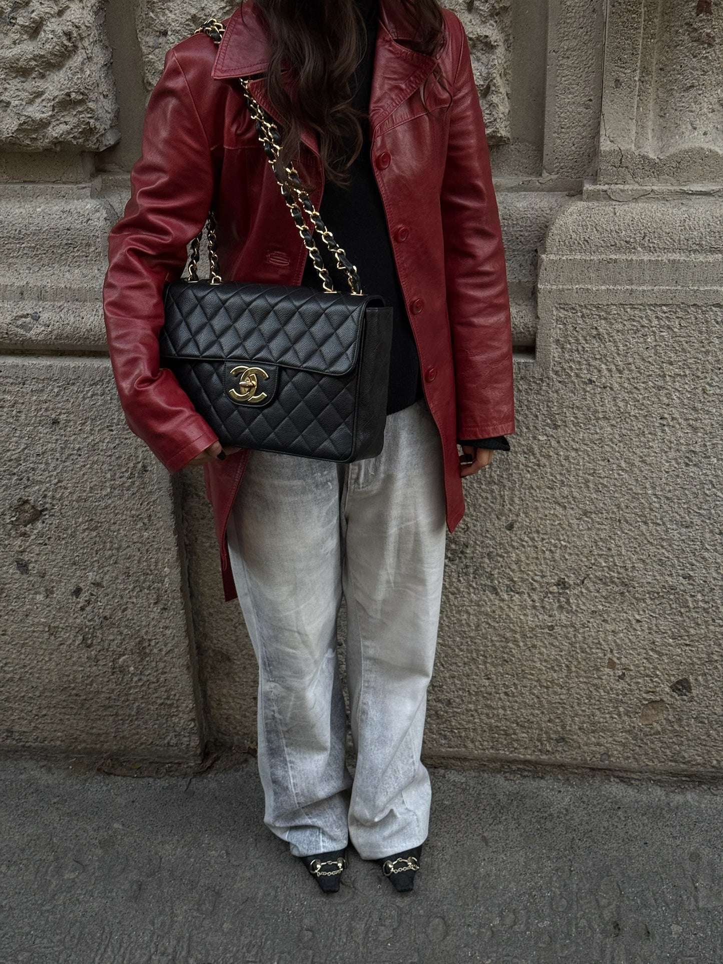 Chanel Vintage Jumbo Maxi Logo Caviar Leather