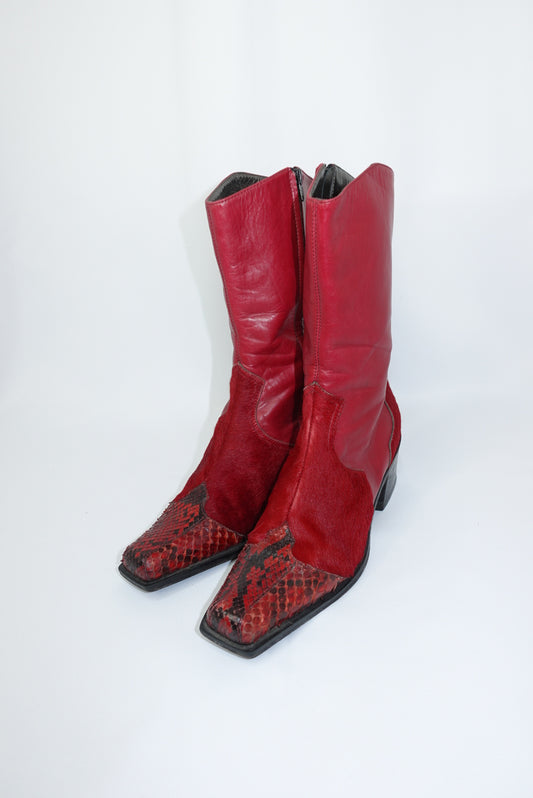 Red Leather Python and Ponyhair Western Boots 38
