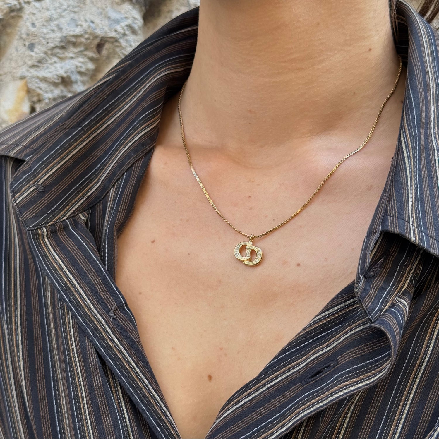 Christian Dior Gold-Toned & Crystal Logo Necklace