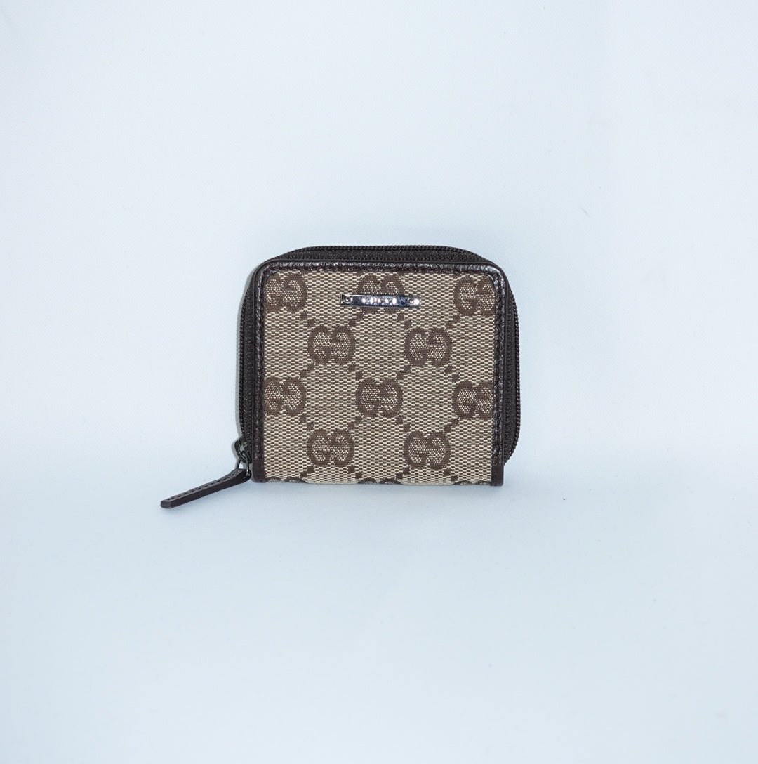 Gucci beige canvas coin purse with brown leather trim