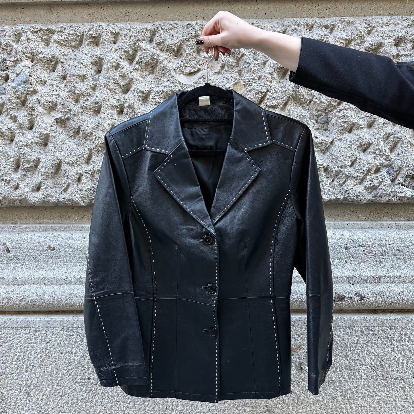 Black Leather Jacket W/ Contrast Stitching
