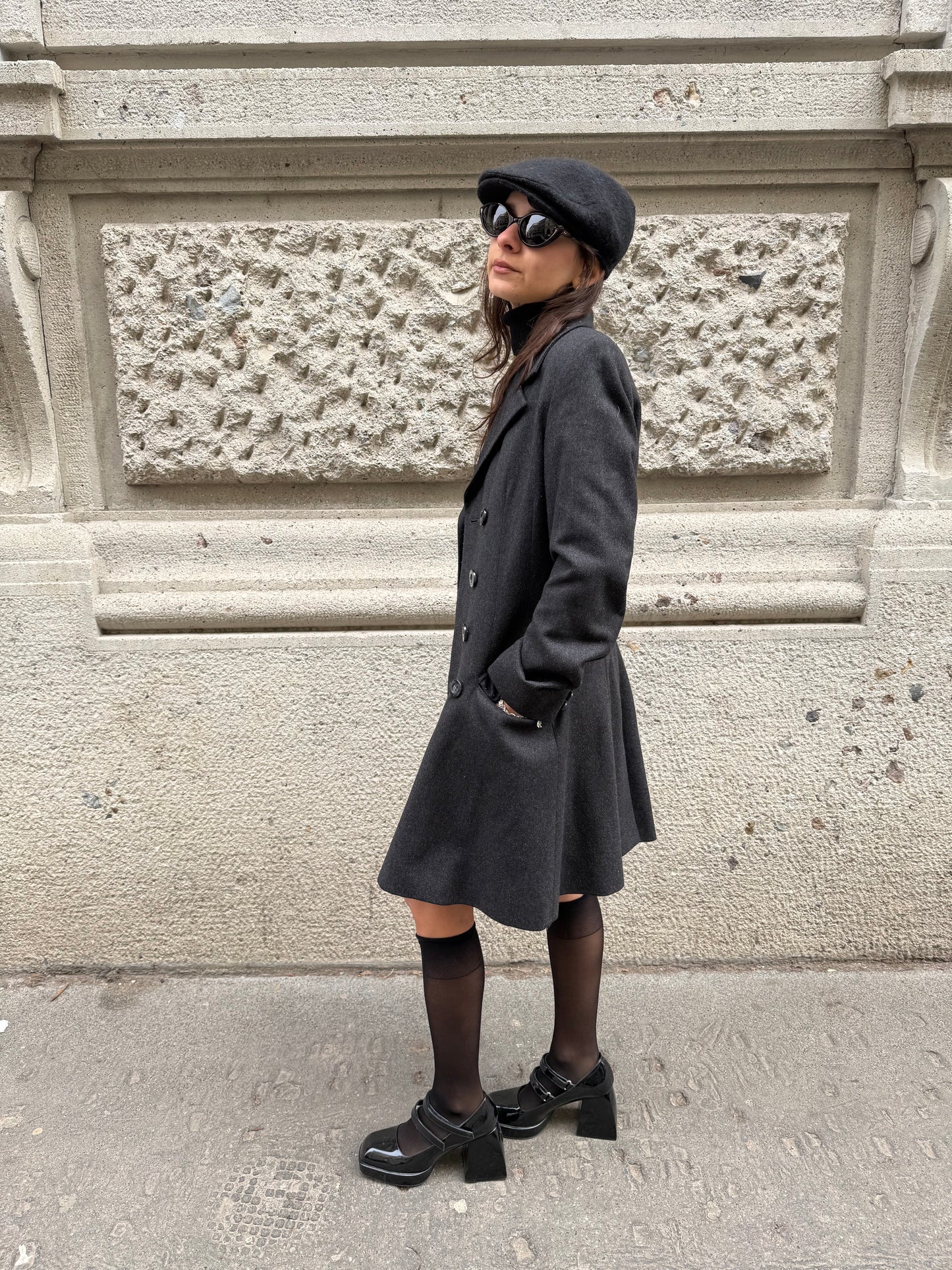 Completo blazer doppiopetto e gonna in lana grigio scuro vintage Dolce & Gabbana