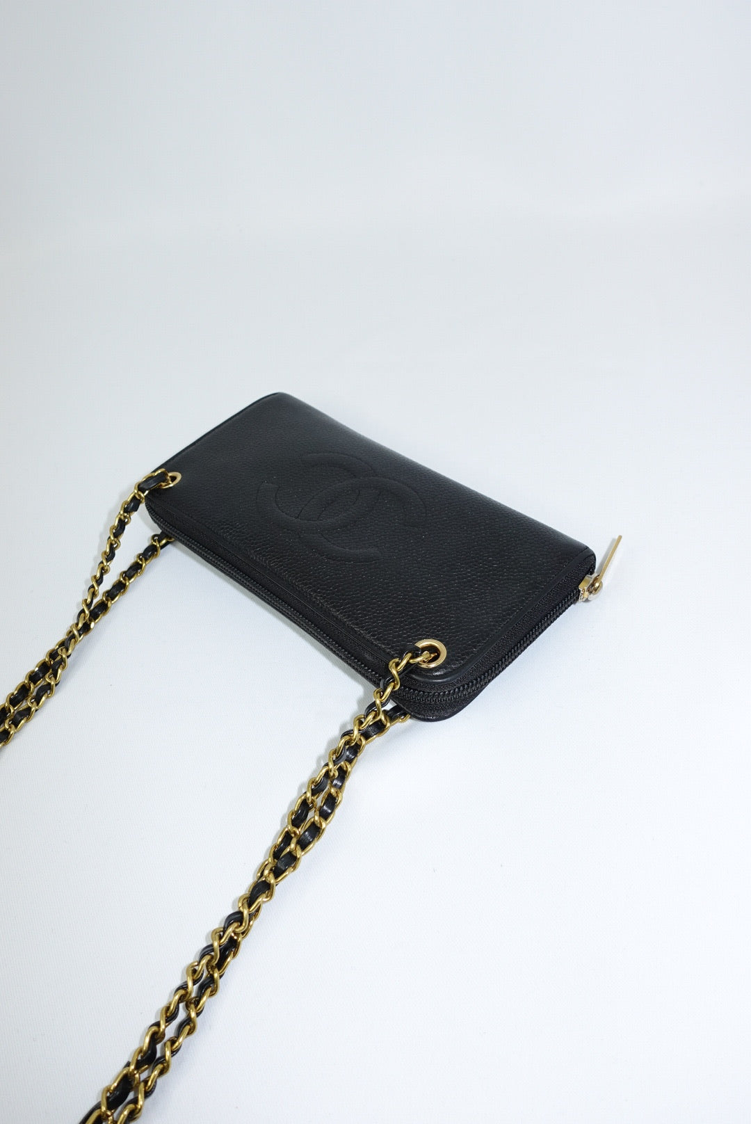 Chanel Re-Worked Zip Vintage Black Interlocking CC Logo Caviar Wallet with Chain