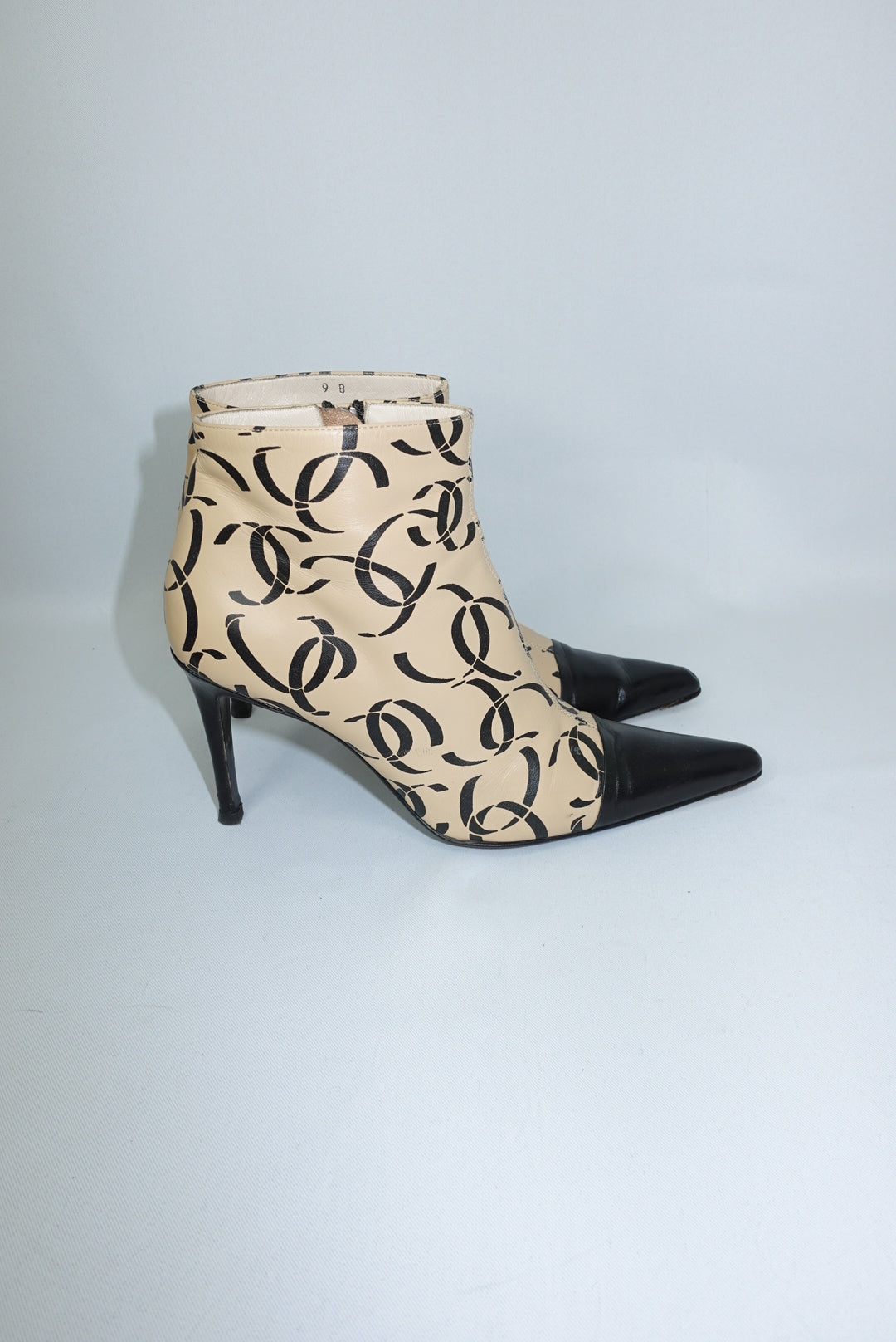 Chanel Vintage CC Logo Print Beige and Black Heeled Pointed Toe Ankle Boots