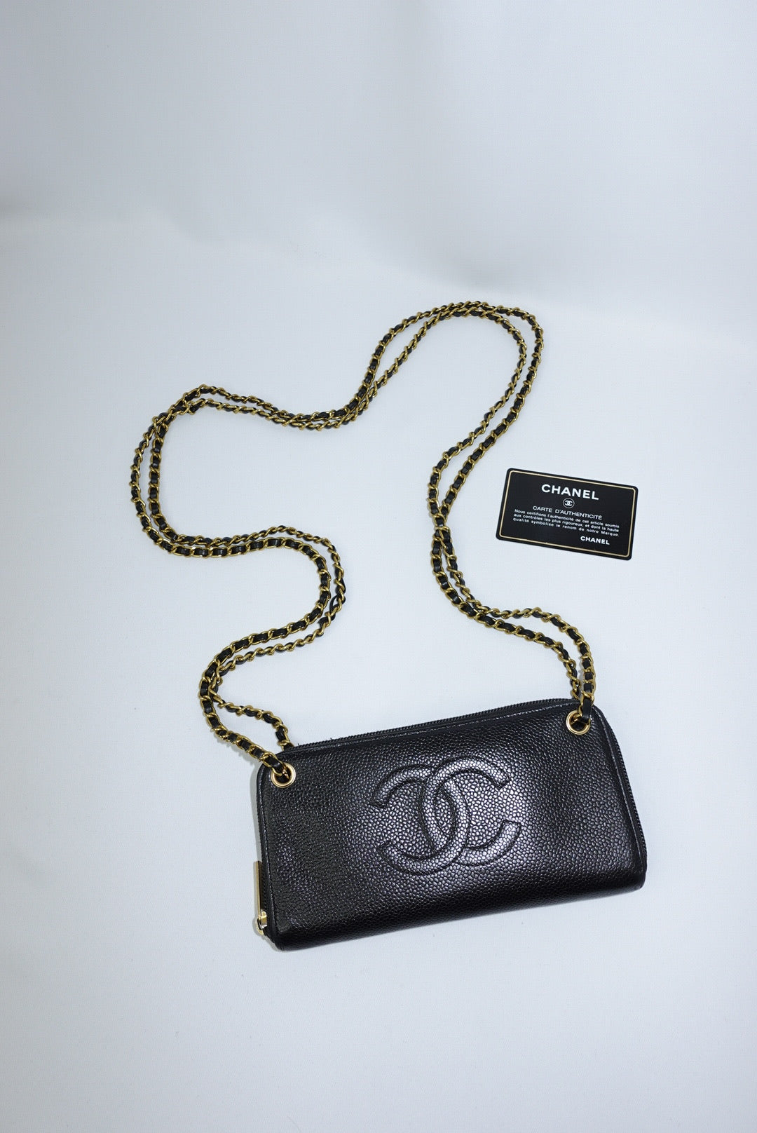Chanel Re-Worked Zip Vintage Black Interlocking CC Logo Caviar Wallet with Chain