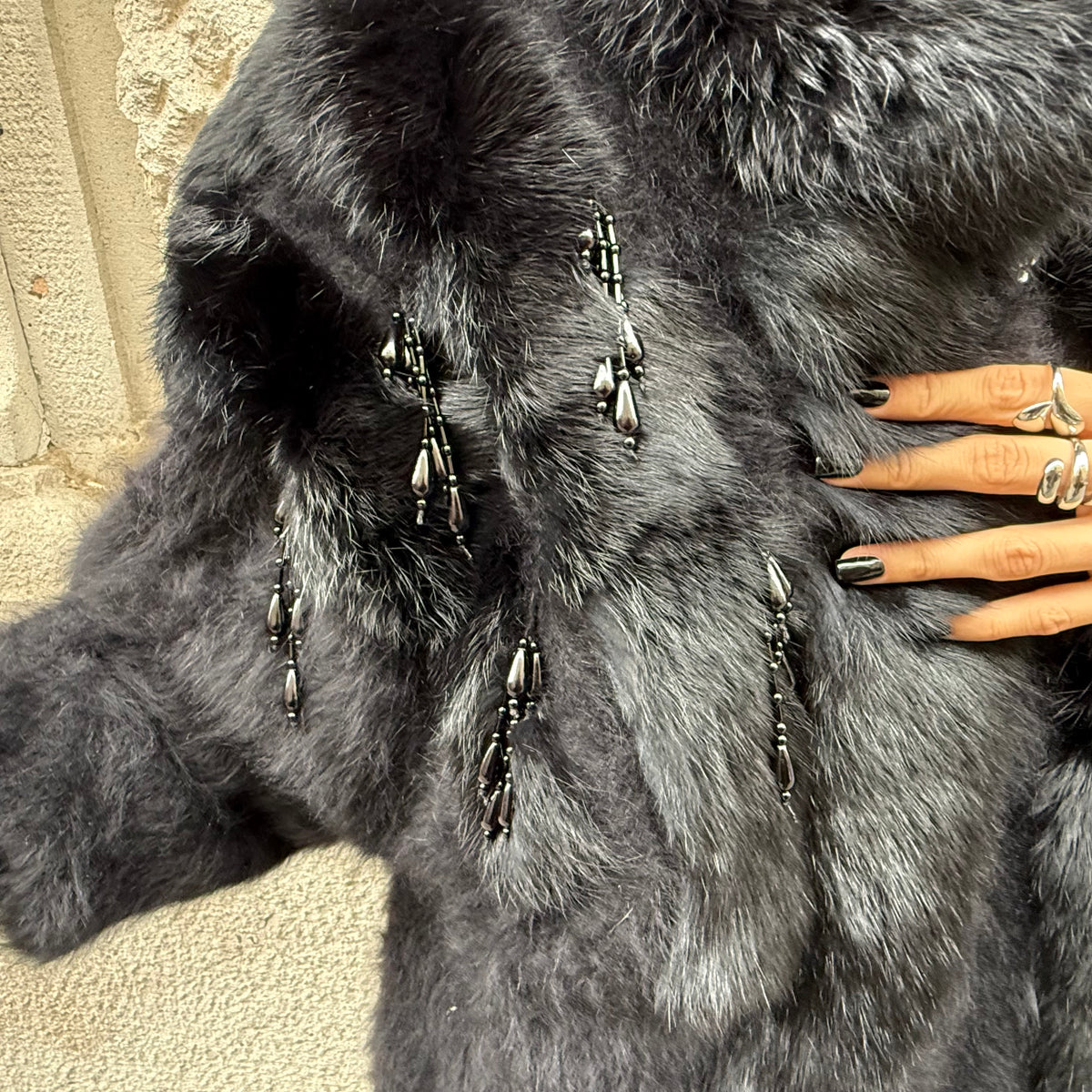 Angora Fur and Beaded Black Sweater
