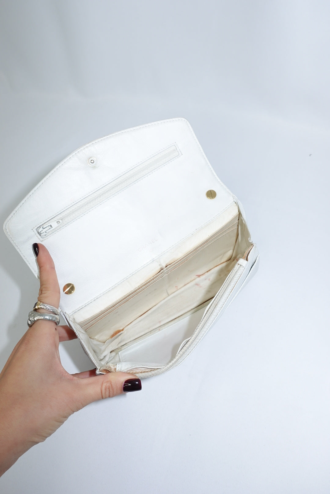 Re-Worked Chanel CC Flap Vintage White Calfskin Vintage Wallet with Chain