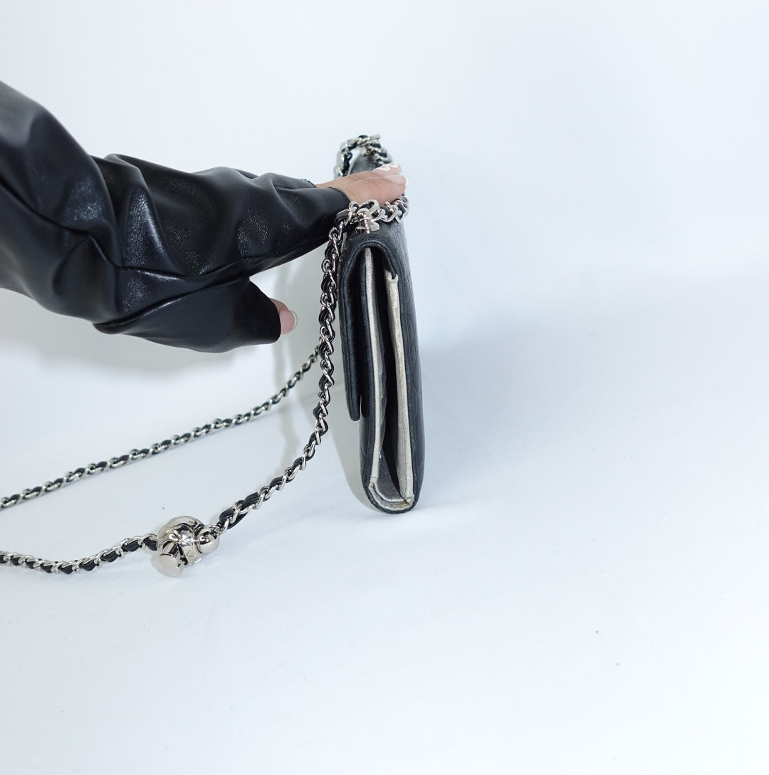 Chanel Black Flap Big Camelia Wallet On Chain